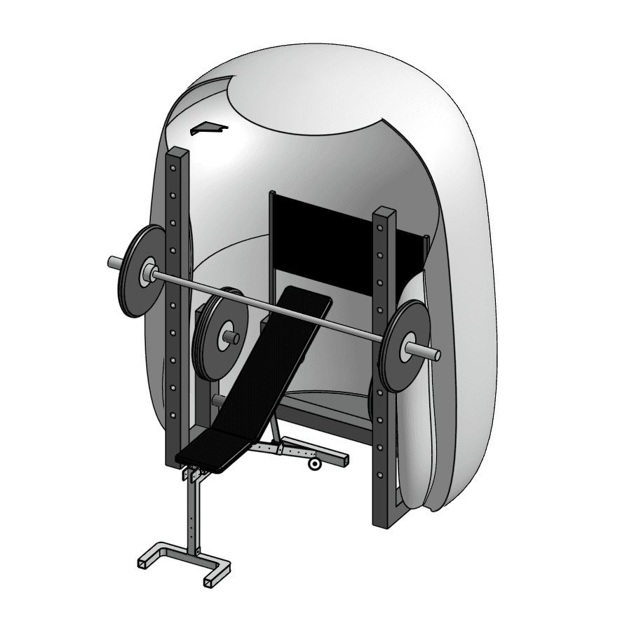 Early CAD render of the Nowva Rack — a power rack enclosed in a curved shell with an integrated display